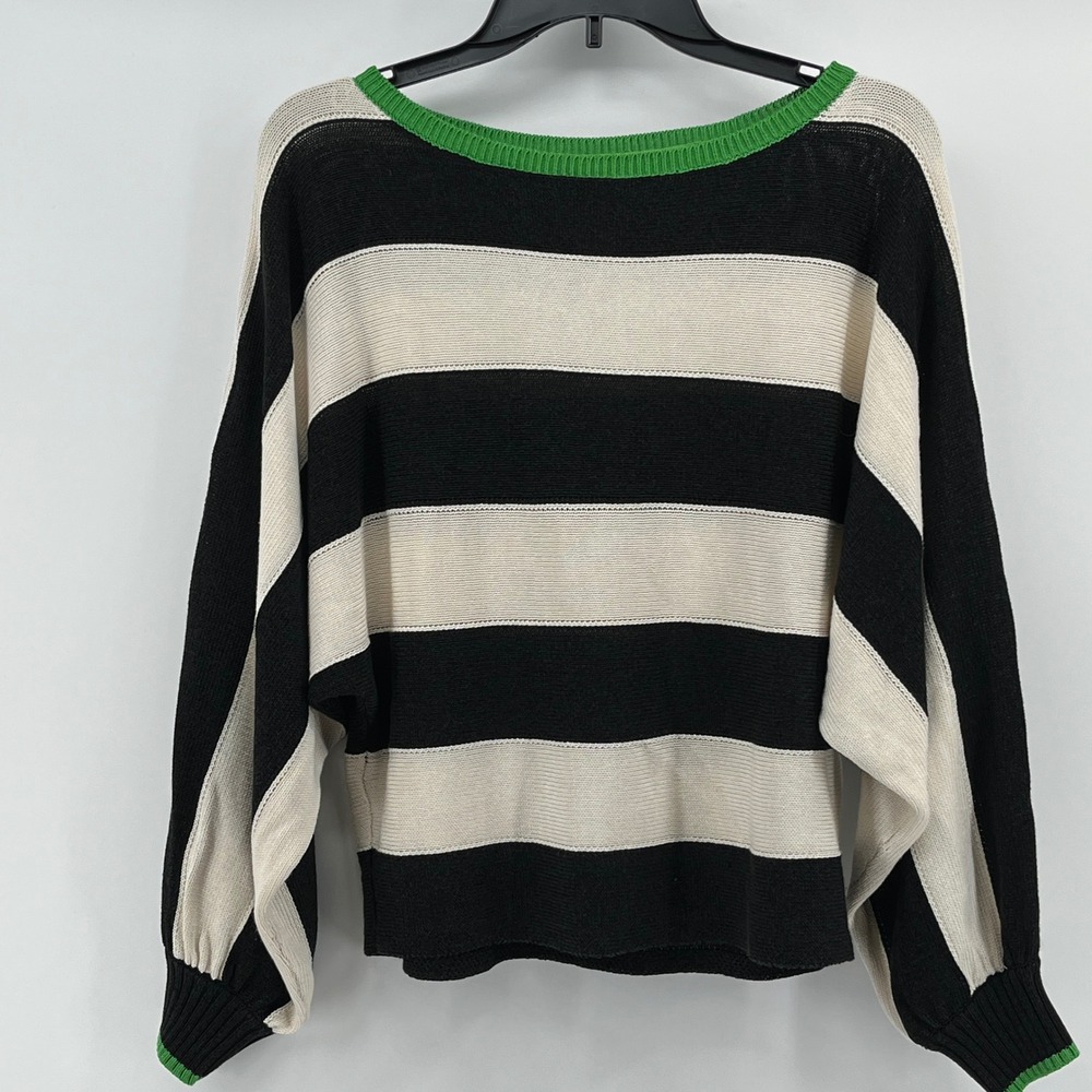 Maeve Anthropologie Women Black Ivory Striped Green Trim Dolman Sweater Small